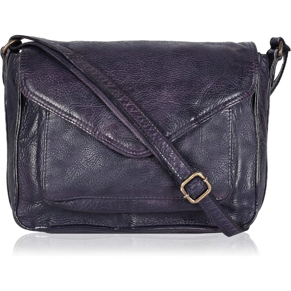 〽️Women Purple Wash Leather Flapover Crossbody Handbag Adjustable Strap Tote/Bag